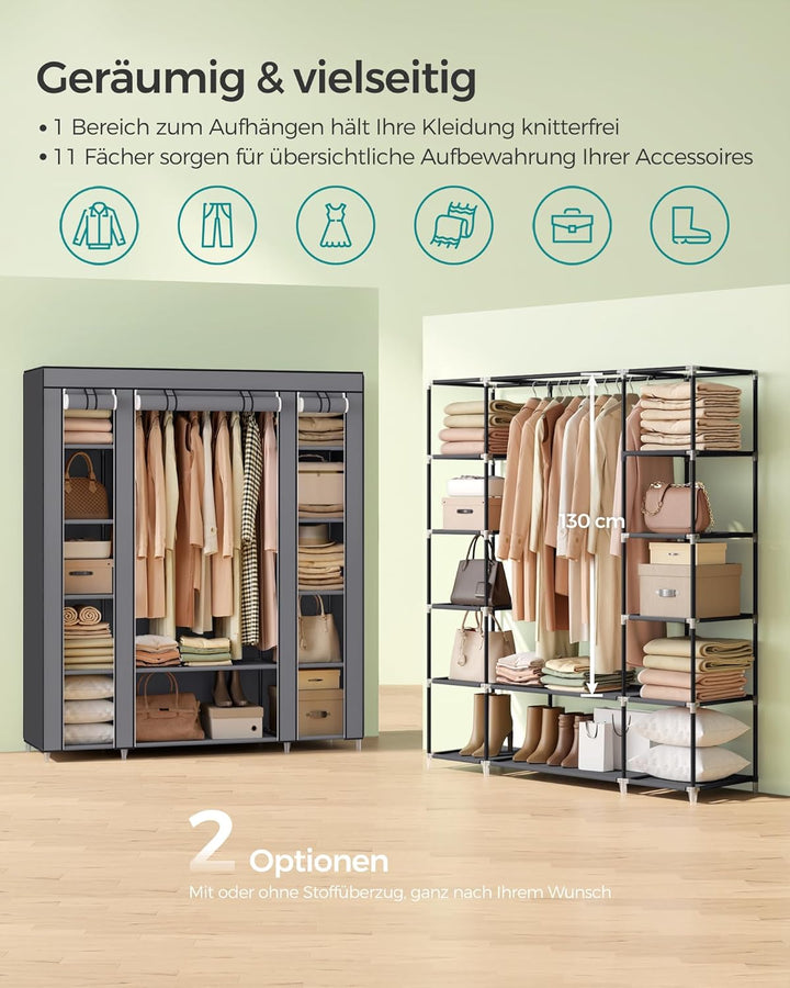 SONGMICS Kleiderschrank, Stoffschrank, 12 mit Kleiderstange und Ablagen, Stabiler Schrank, für Schla