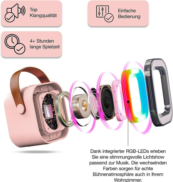 auvisio Karaoke Lautsprecher: 2er-Set Karaoke-Maschinen, 4 Mikrofonen,RGB-LEDs,Bluetooth,USB,microSD