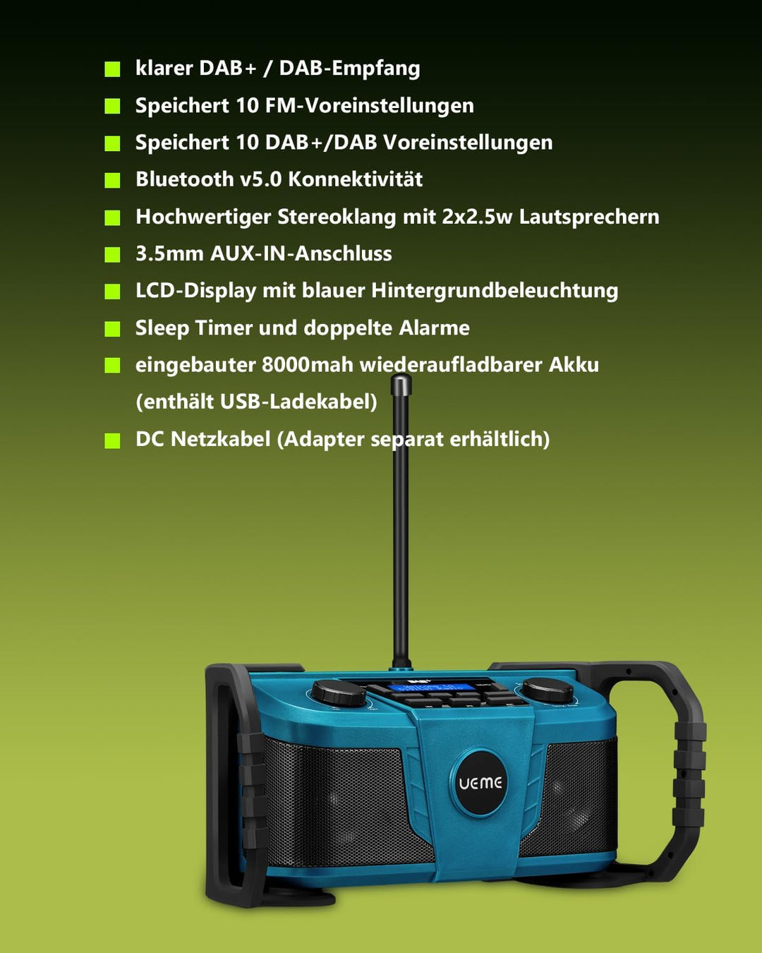 UEME DAB Plus Radio Baustellenradio Mit Akku,Outdoor Radio Mit Bluetooth, DAB+, FM Und Aux, Inklusiv