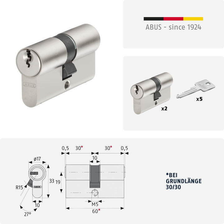 ABUS Profil-Zylinder E20NP Twins Set-2-Stück gleichschliessend mit 5 Schlüsseln 59823 30/30 gl. 2er