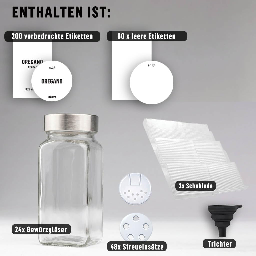 Deco haus® Gewürzregal mit Gläsern [MIT 24 GEWÜRZGLÄSER & ETIKETTEN] - Gewürzregal Schublade auszieh