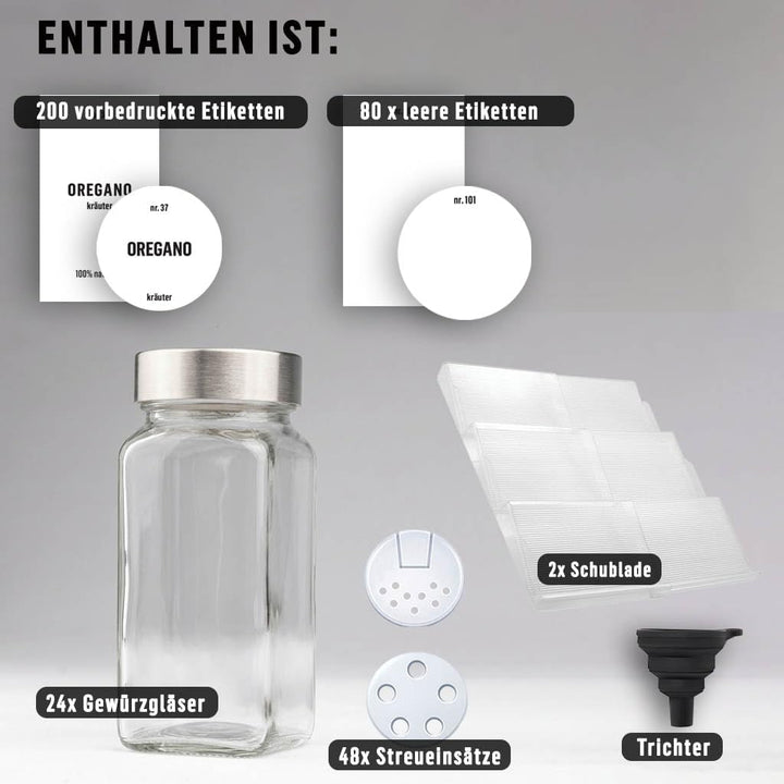 Deco haus® Gewürzregal mit Gläsern [MIT 24 GEWÜRZGLÄSER & ETIKETTEN] - Gewürzregal Schublade auszieh