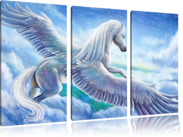 Pixxprint Pegasus fliegt über den Wolken / 3-Teilig/Gesamtmass 120cm Leinwandbild bespannt auf Holzr