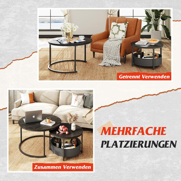WLIVE Couchtisch Rund 2er Set, Beistelltisch mit Stoffkorb, Satztische Wohnzimmertisch mit Metallrah
