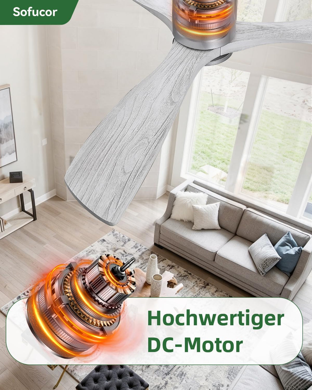 Sofucor Deckenventilator mit Fernbedienung, Deckenventilator aus Massivholz mit 3 Holzlüfterblätter,