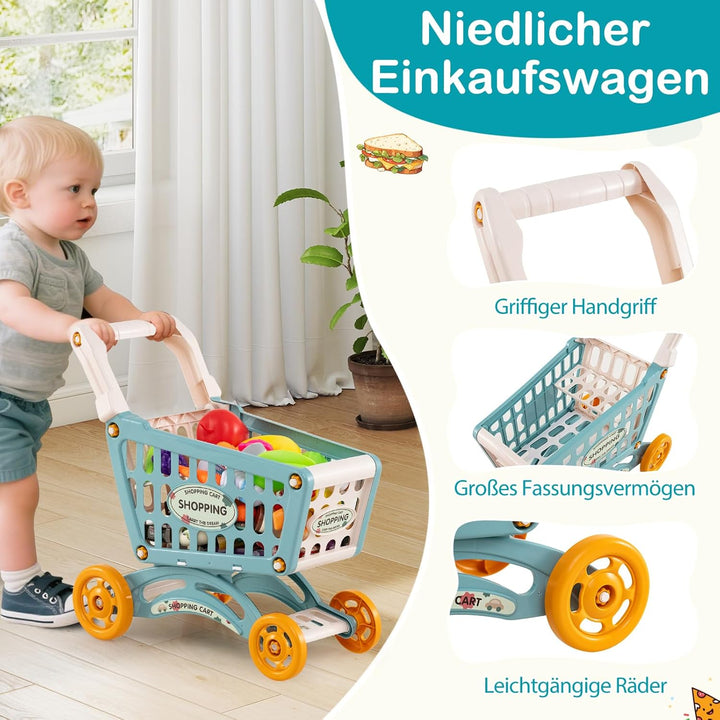 COSTWAY Kaufladen mit Einkaufswagen, Kinder Kaufmannsladen mit Waage, Regalen, Scanner mit Licht & S