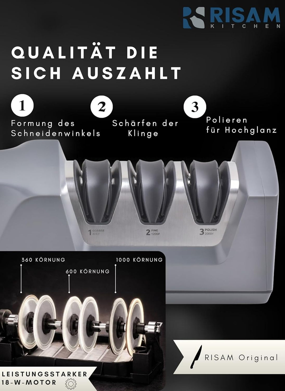 RISAM Kitchen Elektrischer Messerschärfer - 3-Stufen-Schleifsystem mit Winkelführung, für Küchen-, J