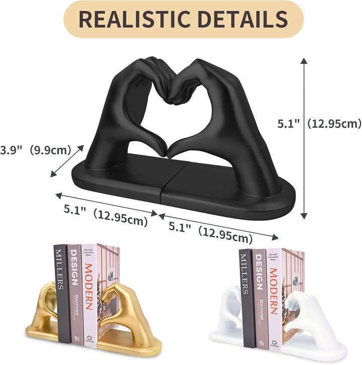 Schwarz Buchstützen Set aus Resin - Herz & Hände Skulptur als Buchstütze, dekorative Bookends für Bü