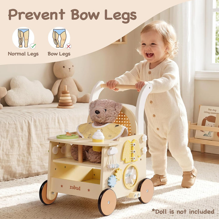 ROBUD Holz lauflernhilfe Baby Walker, 2-In-1 Puppe Lauflernwagen mit Montessori Busy Activity Board
