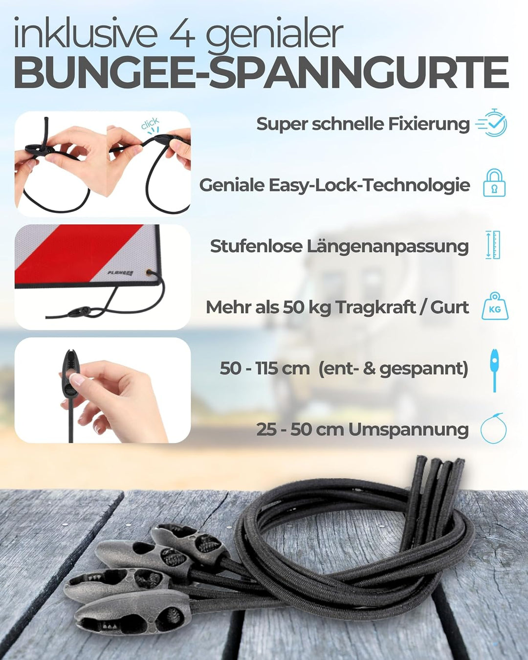 PLANGER® - Warntafel Italien und Spanien (Schild + Gepäckspanner) 2in1 (50 x 50 cm) - Reflektierende