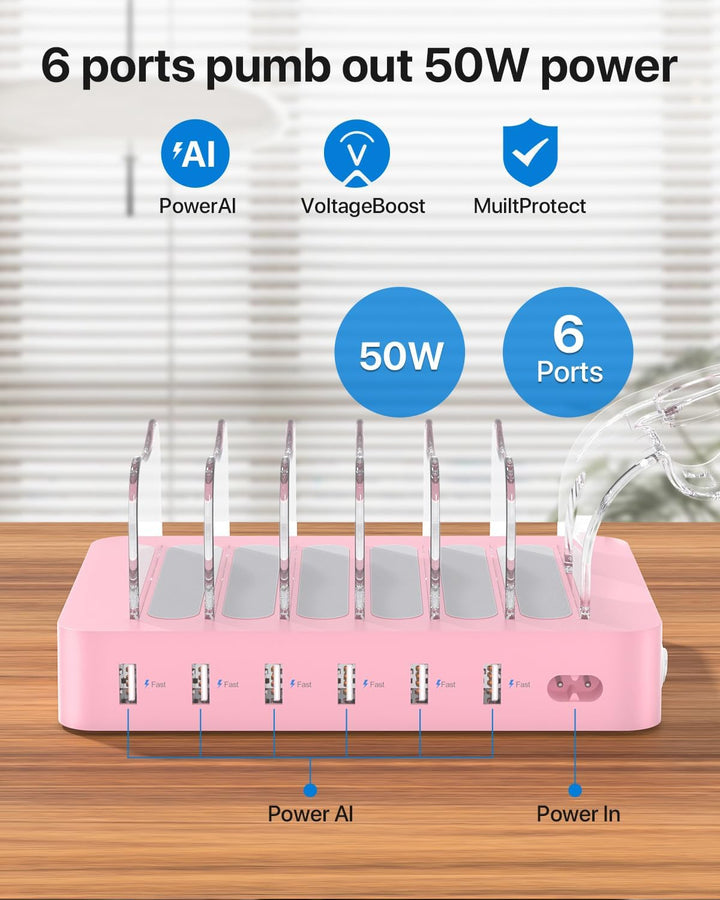 SooPii USB-Ladestation Organizer für mehrere Geräte, 6 Ports 50W Ladestation mit 6 Kabeln und aktual