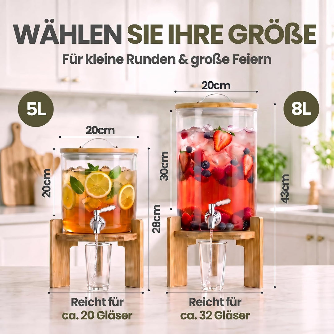 Getränkespender mit tropfsicheren Zapfhahn aus Edelstahl Wasserspender aus Glas mit Bambus Ständer u