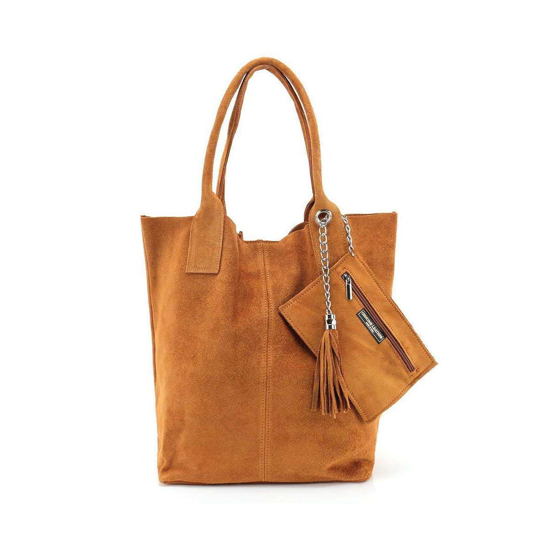 Made IN Italy Damen XXL Leder Tasche Wildleder Shopper Schultertasche + Schmucktasche Braun, Braun