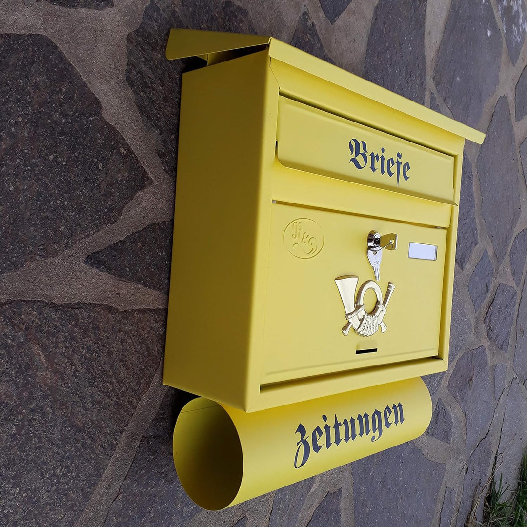 Grosser Briefkasten/Postkasten XXL Gelb matt mit Abnehmbarer Zeitungsrolle Flachdach Katalogeinwurf