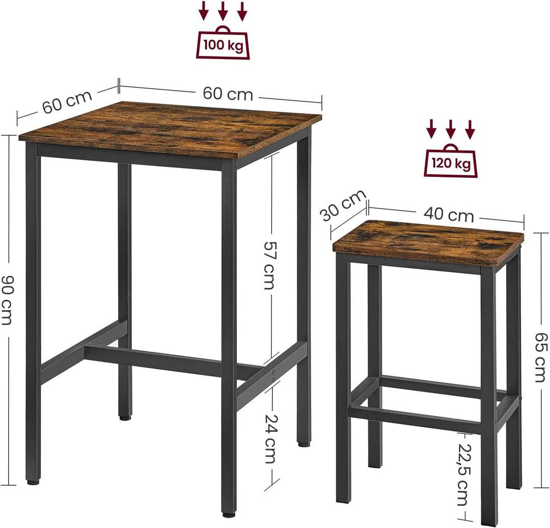 VASAGLE Bartisch mit Barhocker-Set, Esstisch mit 2 Stühlen, Küchentisch klein 60 x 60 x 90 cm, Barst