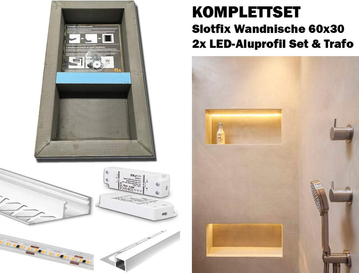 Wandnische + LED Beleuchtung Set - befliesbare Wandnische 60x30x10cm + 2X LED-Kit | Duschablage bele