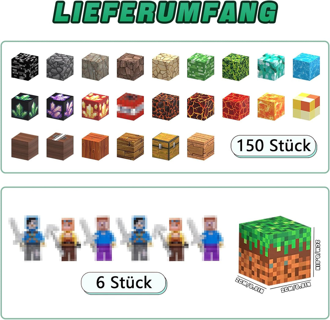 Magnetische Bausteine 150 Stück, Magnetbausteine Set mit 6 Minenarbeiter Figuren & 20 Aufklebern, 3D