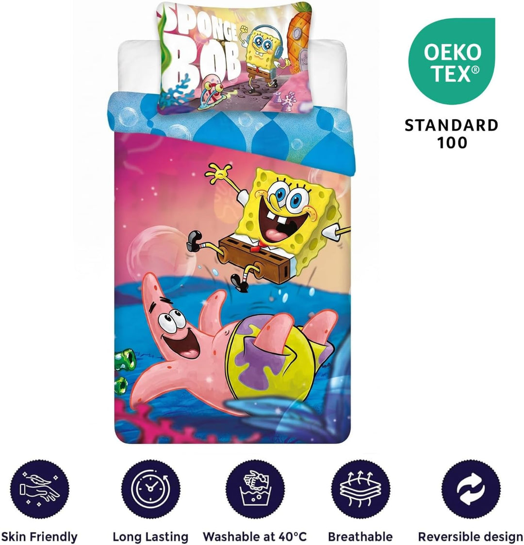 BrandMac Spongebob Schwammkopf Bettwäsche-Set für Kinderbetten | Einzelbett-Bettbezug 140x200 cm mit