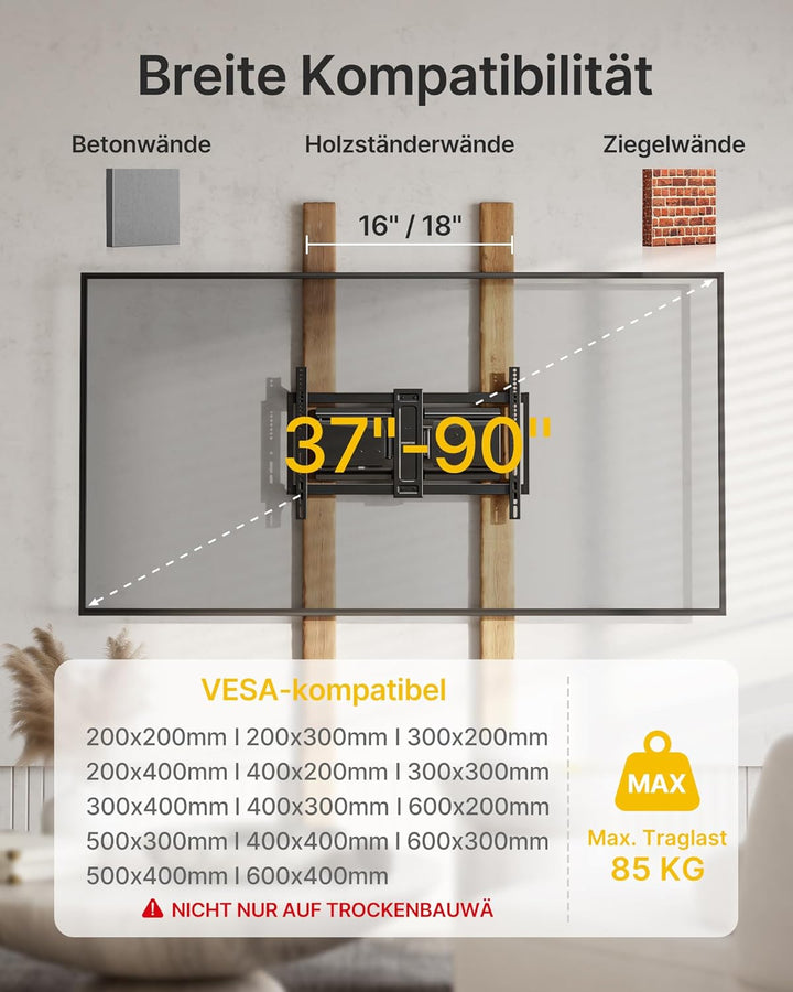 monTEK Hochbelastbare Ultra Slim TV Wandhalterung für 37-90 Zoll Fernseher bis zu 85kg, Schwenk &amp; Ne