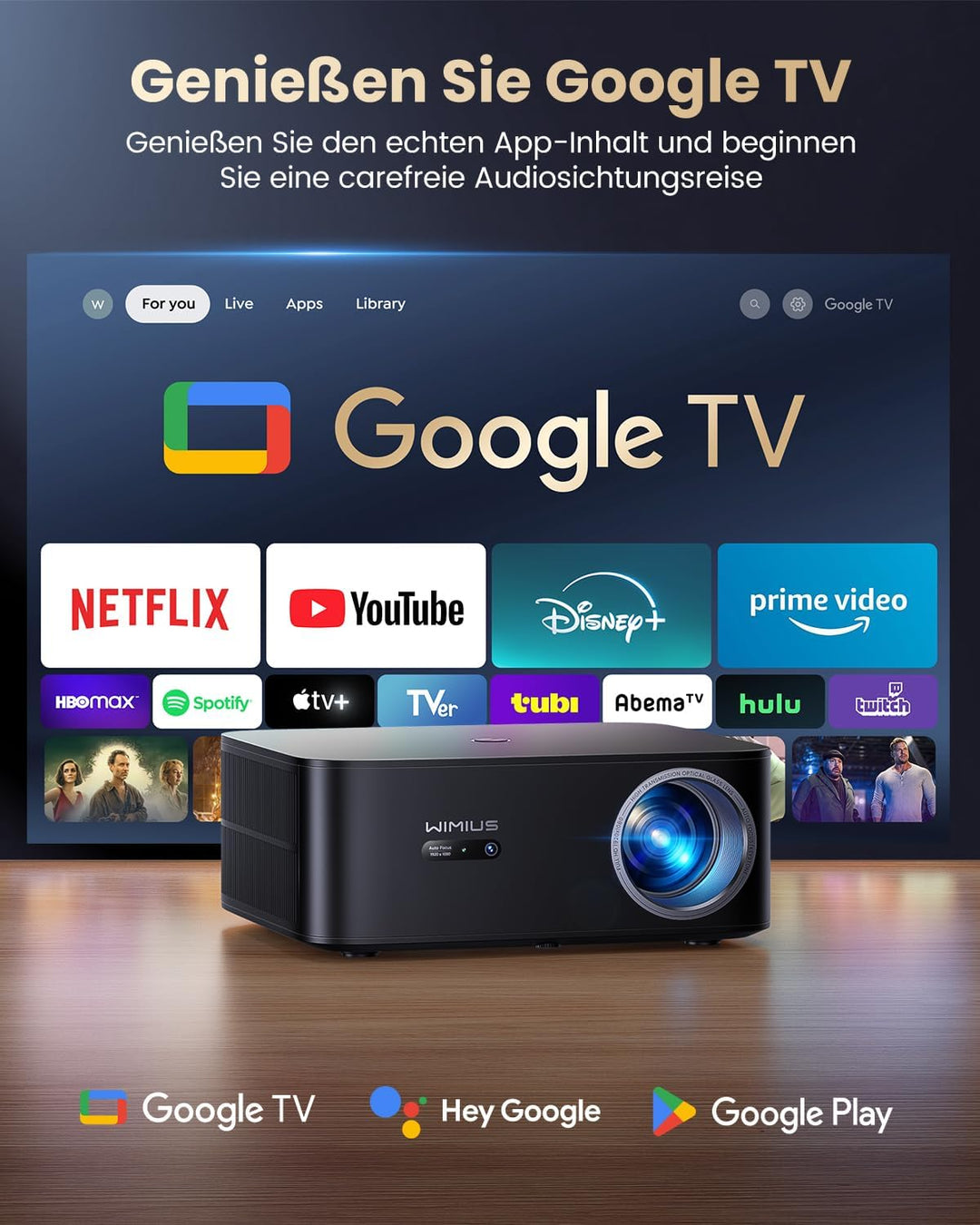 Beamer 4K [1300 ANSI|Google TV] FHD 1080P Beamer 4K Unterstützt, Autofokus Auto Trapezkorrektur 20W