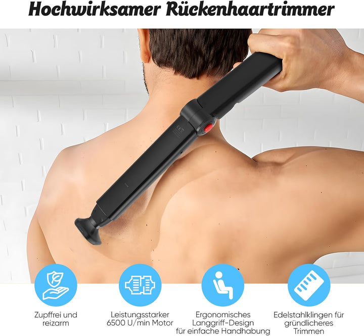 Rückenrasierer für Männer, Körpertrimmer Elektrischer mit 2 abnehmbare Scherköpfe & Ergonomischer Ar