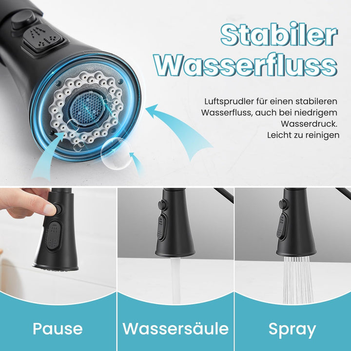 Niederdruck Armatur Küche,360° Drehbare Küchenarmatur,Wasserhahn mit 3 Anschluessen für Boiler,Hoher