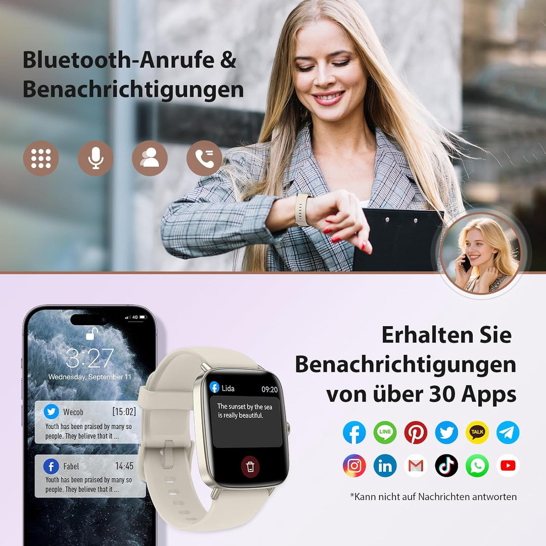Smartwatch Damen, 1.85" Smart Watch mit Telefonfunktion, Fitnessuhr Damen mit Pulsuhr Schlafmonitor