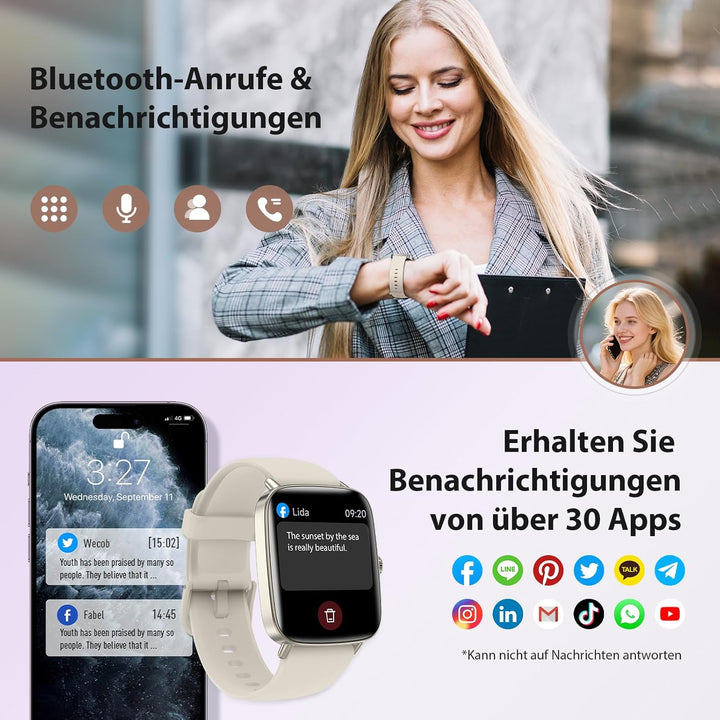 Smartwatch Damen, 1.85" Smart Watch mit Telefonfunktion, Fitnessuhr Damen mit Pulsuhr Schlafmonitor