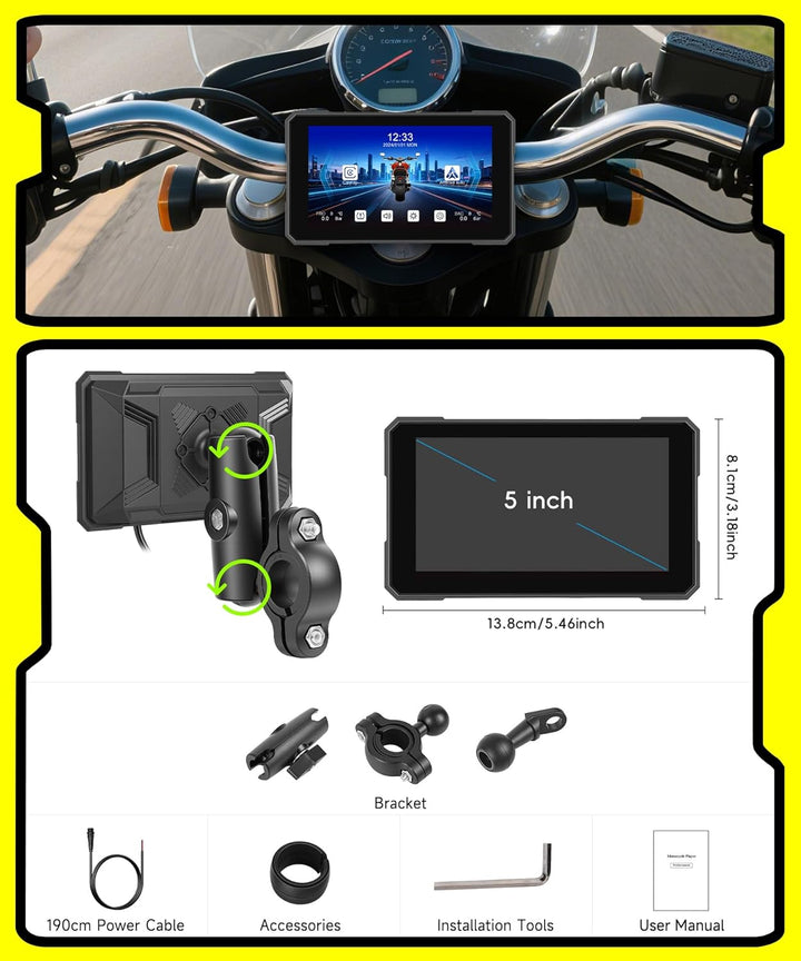 Rimoody 5 Zoll Carplay Bildschirm für Motorrad, Kabellos Carplay und Android Auto Display für Motorr