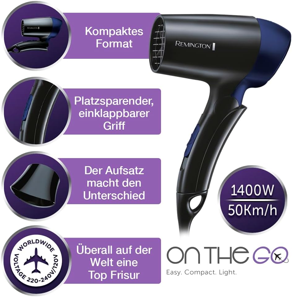 Remington Haartrockner [extrem klein & klappbar] On The Go (1400 W, weltweite Spannungsanpassung 120