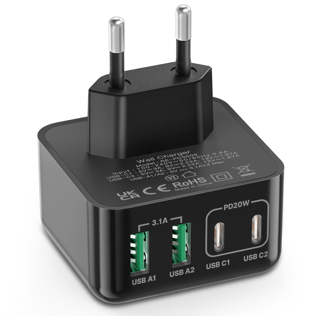 USB Ladegerät, 40W 4-Port USB C Ladegerät iPhone 15 Schnellladeblock USB C Adapter Dual Port PD+QC W