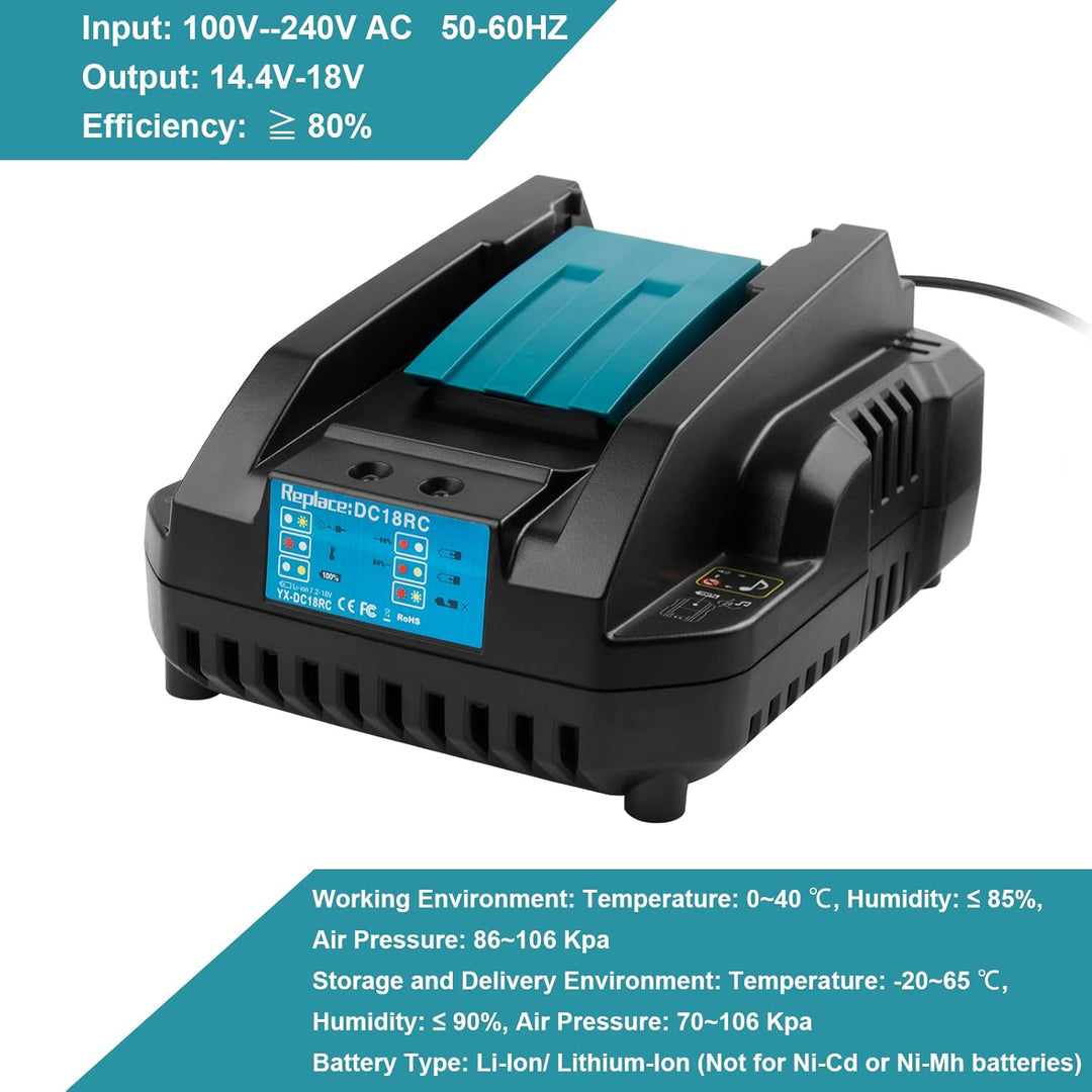 4A DC18RC Schnell Ladegerät Kompatibel mit Makita 14,4V-18V Li-Ion Ersatzakku BL1815 BL1830 BL1840 B