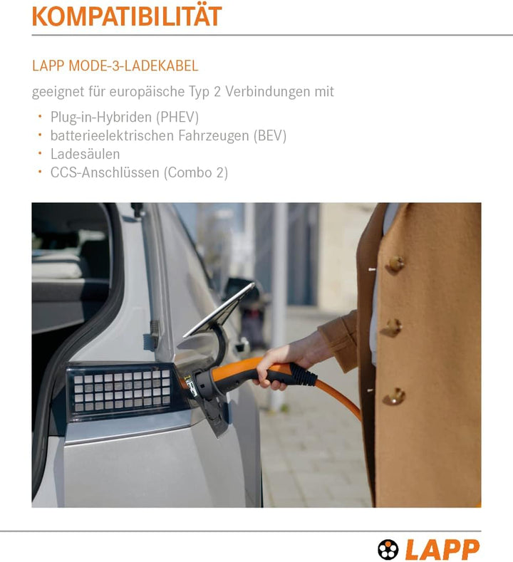 Lapp Mobility Typ 2 Ladekabel 11 KW/Glatt / 20 A / 3-Phasig/E-Auto Ladekabel/Mode 3 / 7m 7 Meter Ora