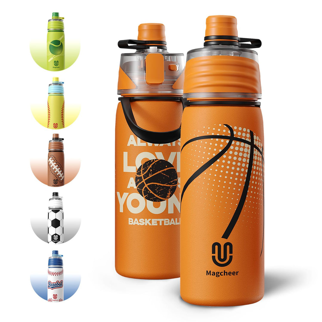 magcheer 600ml Trinkflasche Kinder Basketball mit Sprühfunktion | 3D Strukturierte Isolierte Nebel W