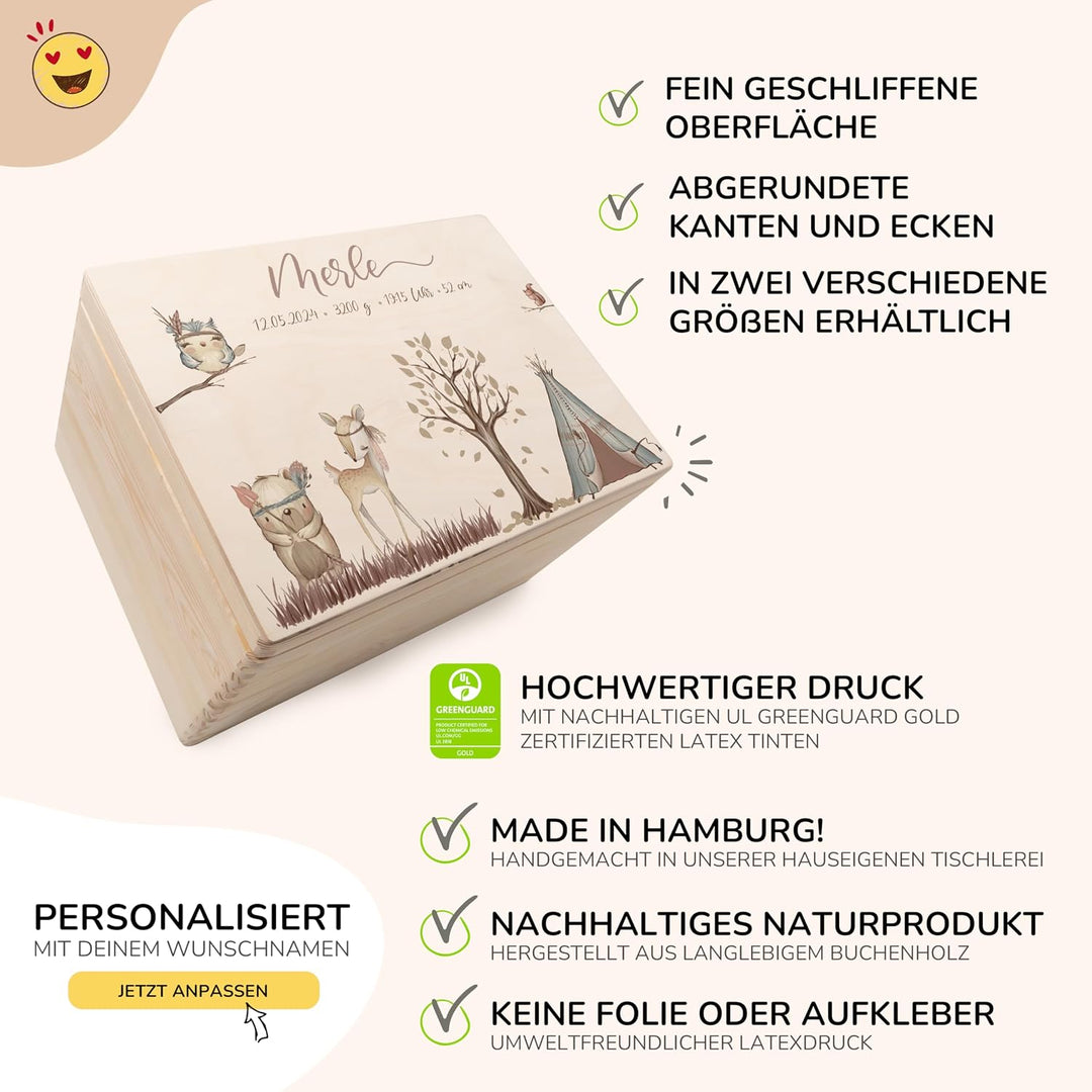 KIDSMOOD - Erinnerungsbox Baby, personalisierte Holzkiste mit Deckel, Ideal zur Aufbewahrung von Eri