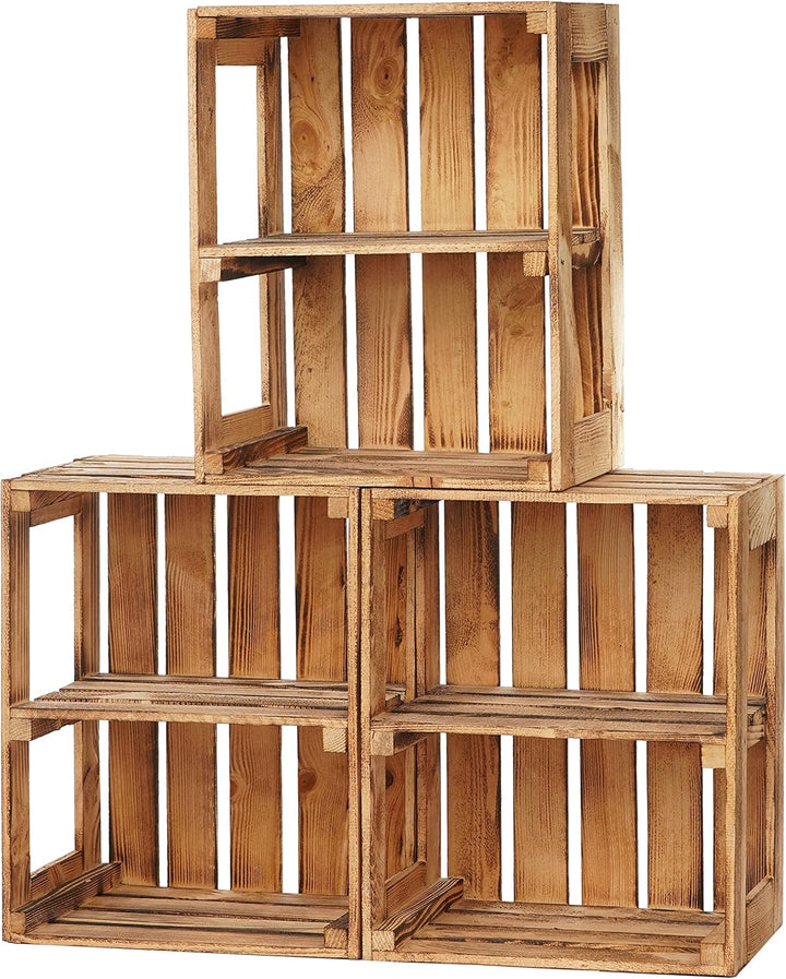 GrandBox Geflammte Holz-Kiste 50x40x30cm mit Mittelbrett, Wein-Kiste, Obst-Kiste, Kaminholz-Kiste, D