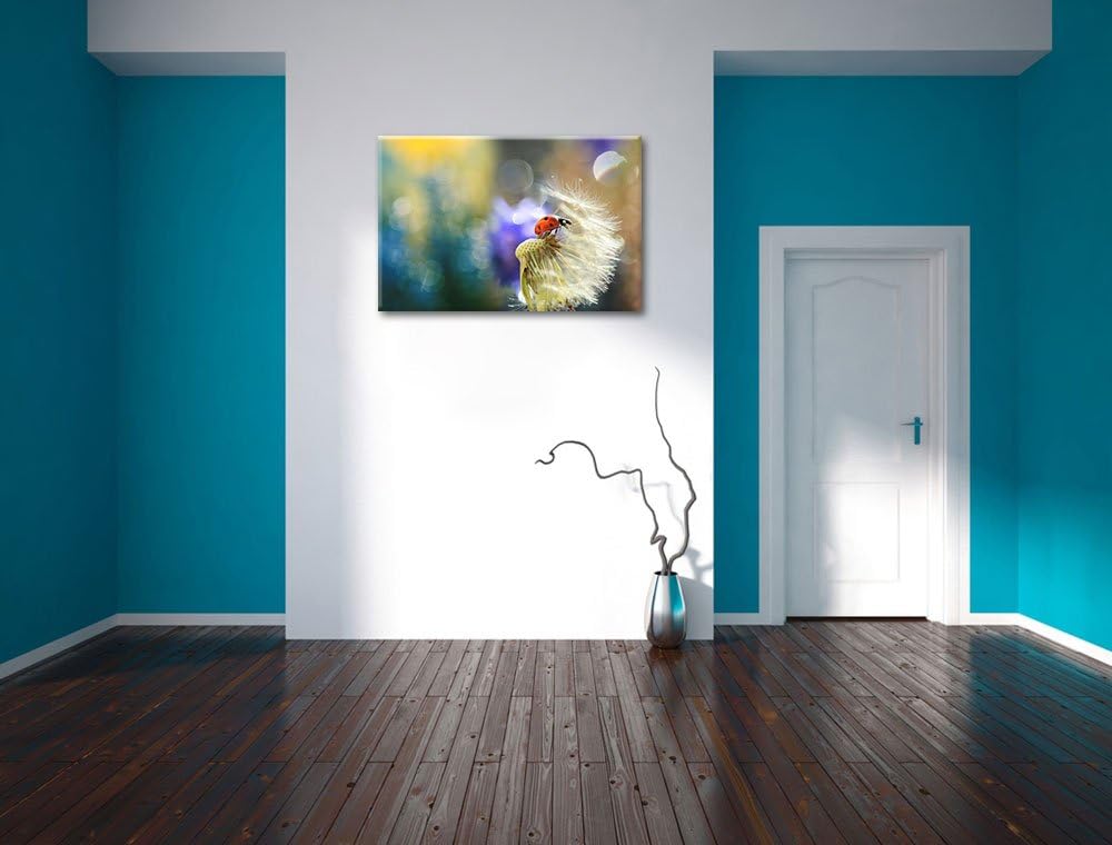 Marienkäfer auf Pusteblume Format: 100x70 auf Leinwand, XXL riesige Bilder fertig gerahmt mit Keilra