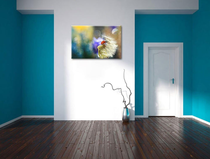 Marienkäfer auf Pusteblume Format: 100x70 auf Leinwand, XXL riesige Bilder fertig gerahmt mit Keilra
