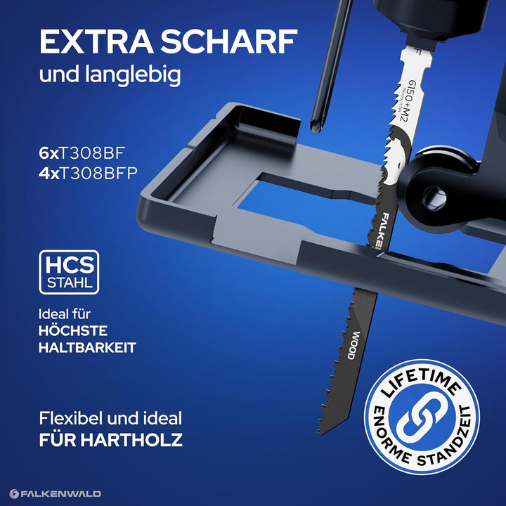 FALKENWALD® Stichsägeblätter Holz Set 10tlg - 6x T308BF + 4x T308BFP - T-Schaft HCS - Für Hartholz,