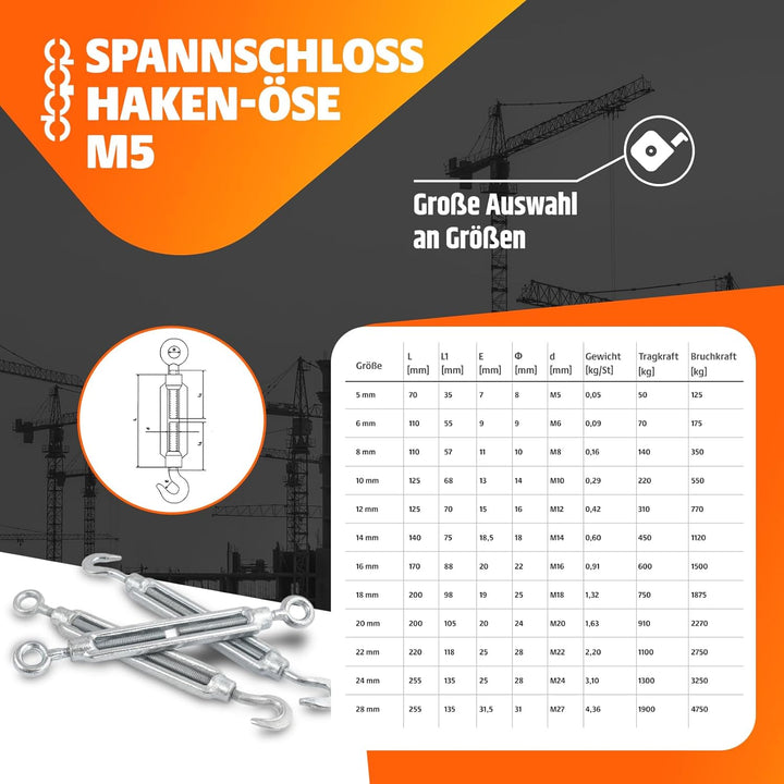 20m DRAHTSEIL SET 6mm 6x19+FC + 6 x SEILKLEMMEN 6mm DIN 741 + 2 x SPANNSCHLOSS M6 HAKEN - ÖSE verzin