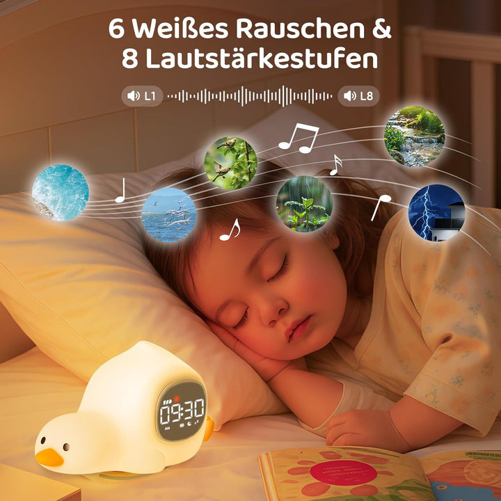 Yiliaw Liegende Ente Kinderwecker mit Nachtlicht – Schlaftrainer &amp; Aufwachuhr, wiederaufladbare Sili