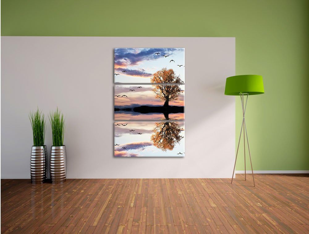 Pixxprint Baum spiegelt Sich im Wasser als Leinwandbild/Grösse: 3 Teilig (120x80) cm/Wandbild/Kunstd