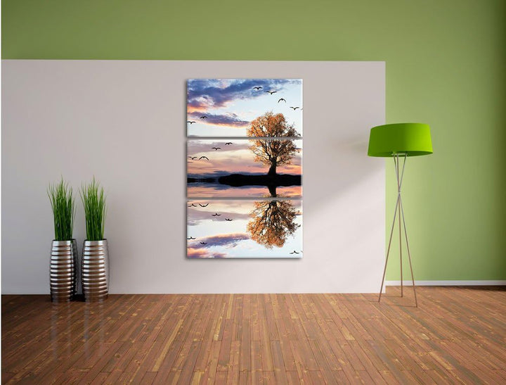 Pixxprint Baum spiegelt Sich im Wasser als Leinwandbild/Grösse: 3 Teilig (120x80) cm/Wandbild/Kunstd