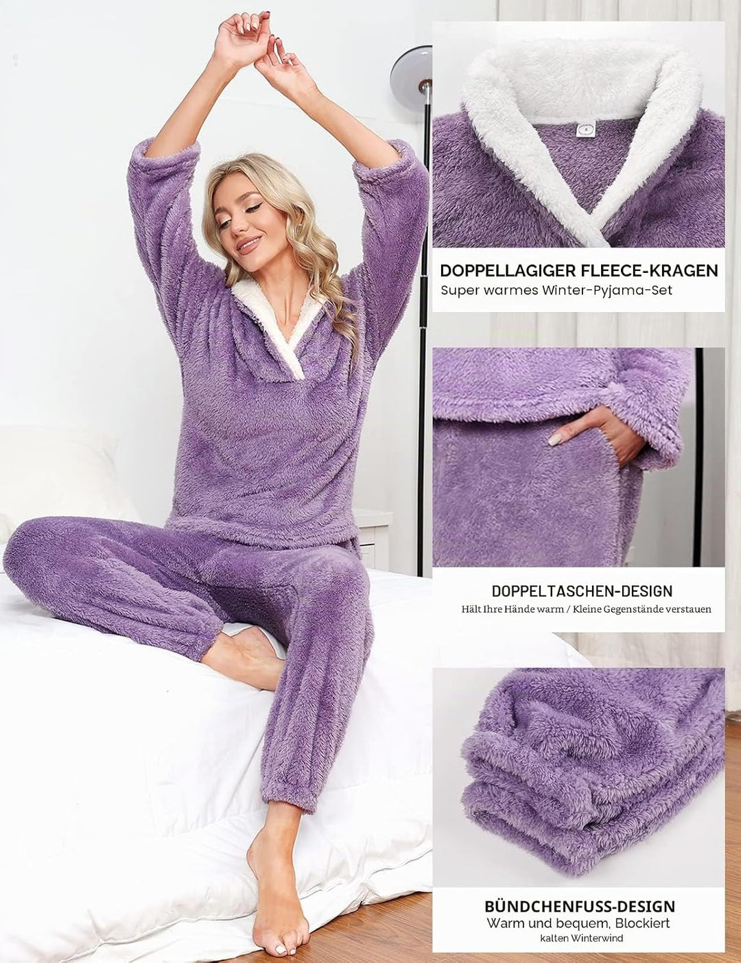 RITOSTA Schlafanzug Damen Winter Thermo Pyjama Lang Fleece Hausanzug Kuschelig Warm Pyjama Set Flaus