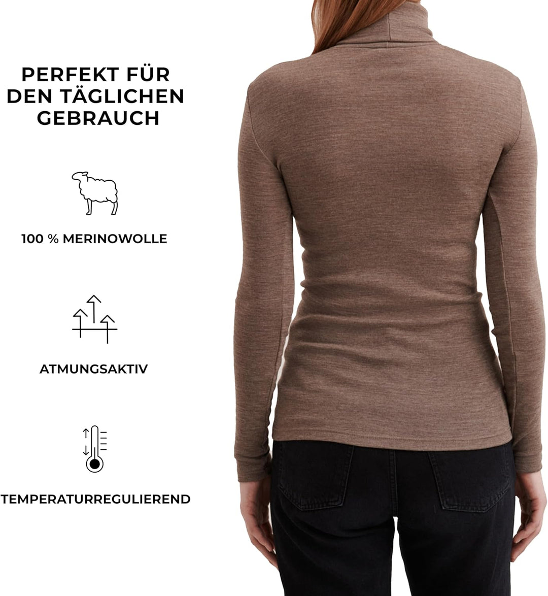 DILLING Damen Rollkragenshirt aus Merinowolle 34 Braun Meliert, 34 Braun Meliert