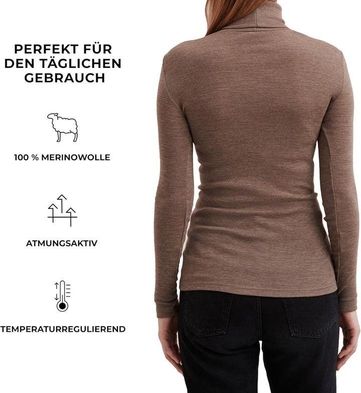 DILLING Damen Rollkragenshirt aus Merinowolle 34 Braun Meliert, 34 Braun Meliert