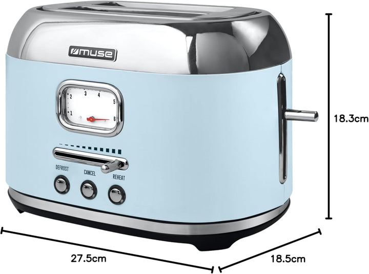 Muse Retro Toaster, 2 Scheiben, 6 Bräunungsstufen, analoge Anzeige, beleuchtete Tasten, Krümelschubl