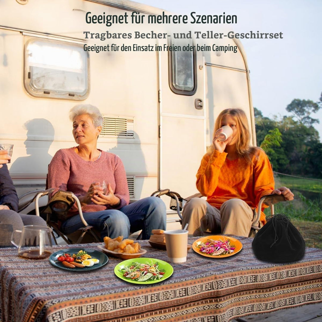 Evanda Camping Besteck Set 20 teilig, wiederverwendbarer Leichter Becher, Teller und Edelstahlbestec
