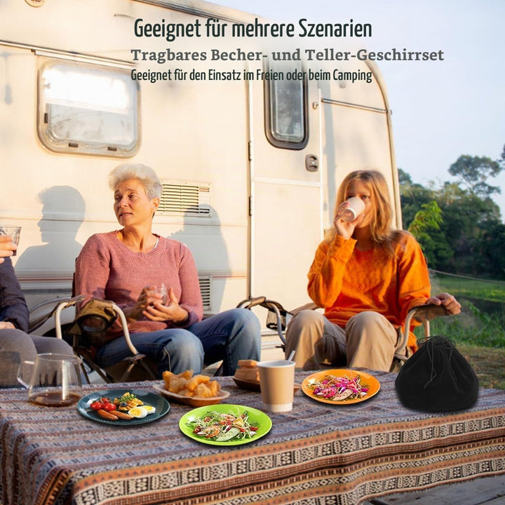 Evanda Camping Besteck Set 20 teilig, wiederverwendbarer Leichter Becher, Teller und Edelstahlbestec