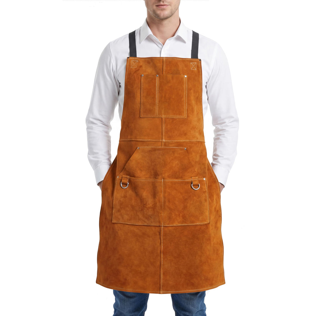 ONETIAN Schweissschürze aus Leder mit Futter und mehreren Taschen, hitze- und schwer entflammbar, ro